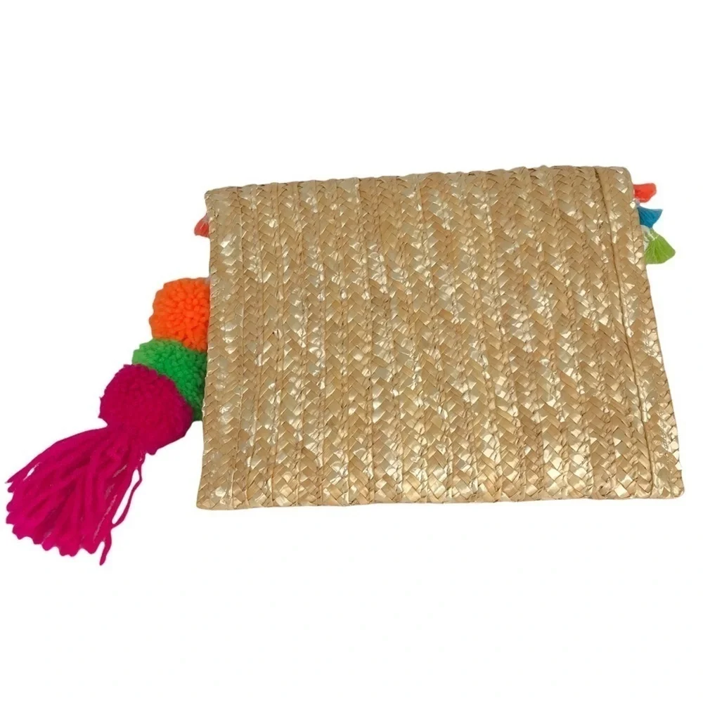 SHIRALEAH Woven Rainbow Tassel & Pompom Envelope Purse Bag YOLO Clutch Natural